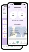 Zwei Smartphones zeigen die KidsDoc-App mit dem Stillzeiten-Tracker inklusive Start-Timern für links und rechts sowie manueller Eingabe.